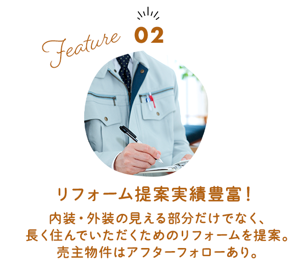 Feature02　リフォーム提案実績豊富！ 内装・外装の見える部分だけでなく、 長く住んでいただくためのリフォームを提案。 売主物件はアフターフォローあり。