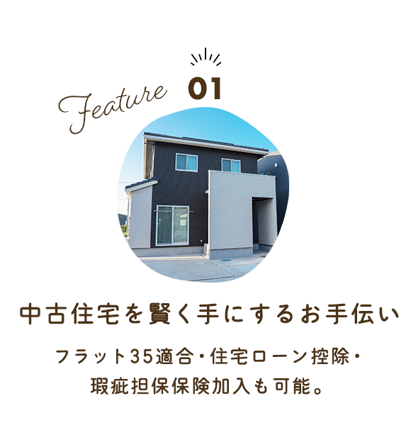 Feature01　中古住宅を賢く手にするお手伝い フラット35適合・住宅ローン控除・ 瑕疵担保保険加入も可能。